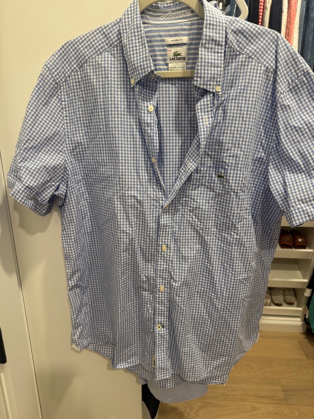 Lacoste Light Blue Gingham Short-Sleeve Button-Down Shirt